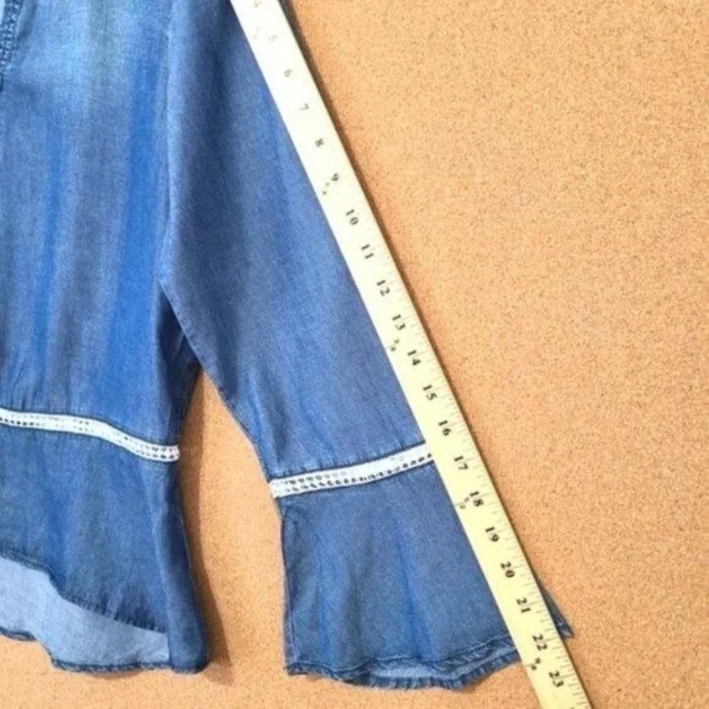 Madeline & Monroe Blouse Blue Chambray, Bell Sleeves Top Size S